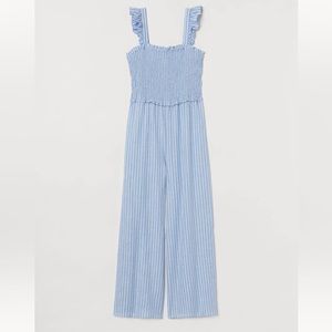 🆕 H&M White and Blue Stripe Smocked Jumpsuit